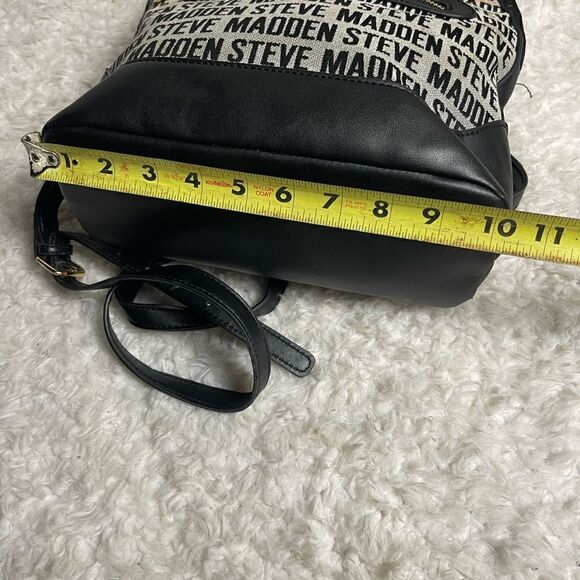 Steve Madden canvas black &white logo small backpack  black faux leather trims main image 8